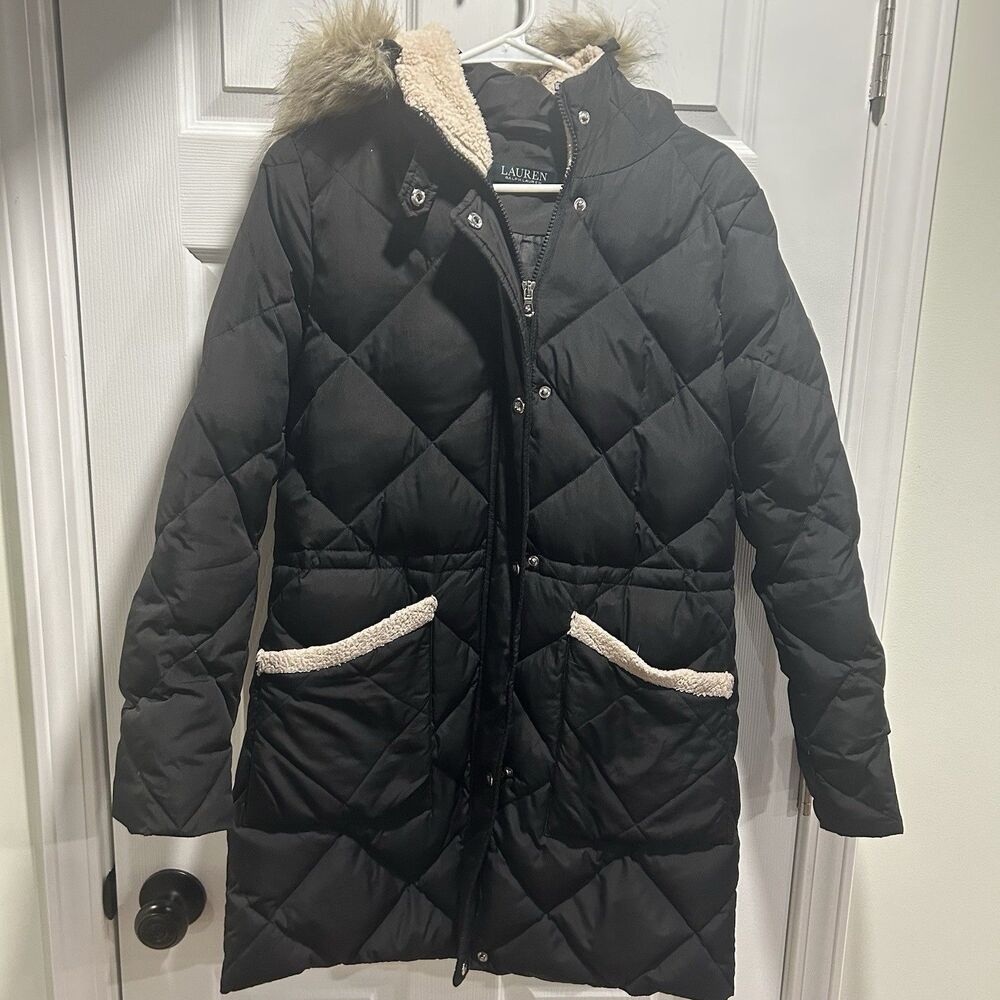 Lauren Ralph Lauren Women’s Down Coat With Faux Fur Hood Black Size Small